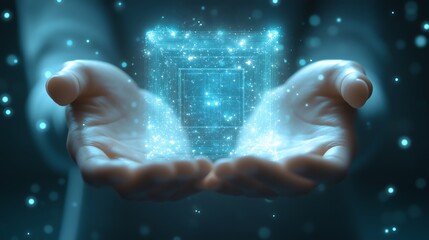 Wall Mural - 3d wireframe hands presenting a glowing ai semiconductor hologram on a soft blue technology backgrou