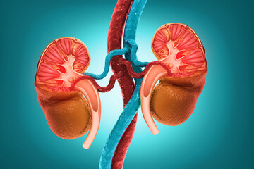 Human kidney medical diagram with a cross section, inner organ with arteries and adrenal gland, 3d illustration