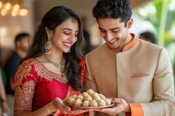 Wall Mural - young indian couple holding sweet ladu plate on diwali festival