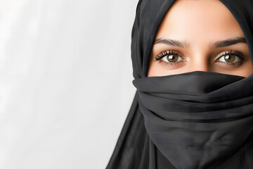 Wall Mural - Portrait of muslim woman In Hijab isolated on white backdrop
