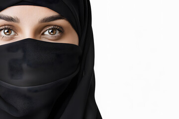 Wall Mural - Portrait of muslim woman In Hijab isolated on white backdrop
