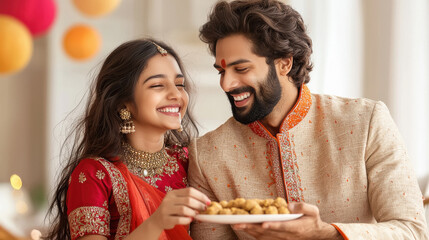 Wall Mural - young indian couple holding sweet ladu plate on diwali festival