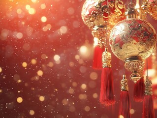 Canvas Print - elegant red lanterns adorned with gold designs for cultural celebrations, set against a sparkling ba