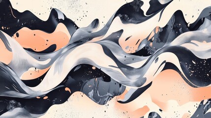 Wall Mural - Curved splash-like figures and swirling ribbons over peach and navy tones