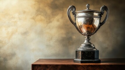 Elegant tall silver trophy with delicate handles resting on a brown marble base