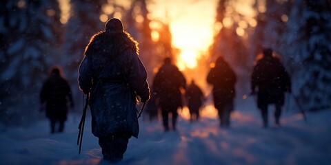 Wall Mural - Winter sunset trek, snowy forest, group hiking