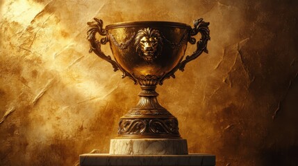 Wall Mural - A bold bronze trophy featuring lion-head details on a thick marble base