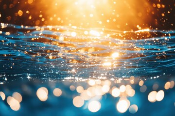 Wall Mural - a stunning close-up of water reflections under golden sunlight illuminating the blue surface, creati