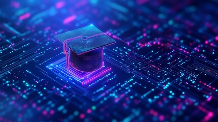 Wall Mural - ai chip with a glowing graduation cap hologram on a minimalist blue neon technology background, show