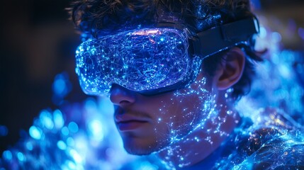 Wall Mural - a close-up of a man wearing a futuristic vr simulator in an immersive virtual environment. neon blue