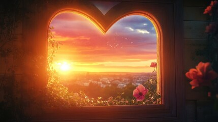 Heart Shaped Window Sunset View Romantic Cityscape