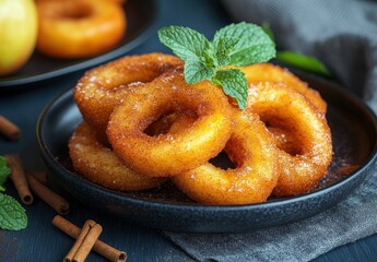 Wall Mural - Delicious freshly fried donuts topped with sugar and mint leaves served on a black plate with a gray cloth and cinnamon sticks in the background