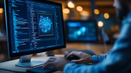 Programmer coding network, late night office