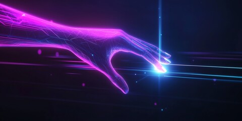Wall Mural - futuristic hand touching a glowing dot, emitting soft light beams and geometric patterns, symbolizin