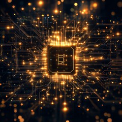 Wall Mural - golden symmetrical circuits across a dark background with a glowing central ai chip and subtle light