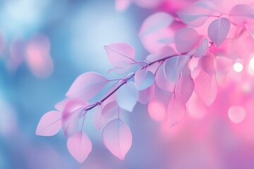 Poster - Pastel Pink and Blue Leaves on Branch Soft Focus Background