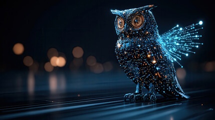Fototapete - futuristic owl with holographic wings, showcasing digital patterns and glowing elements, stands against dark background, evoking sense of wonder and innovation