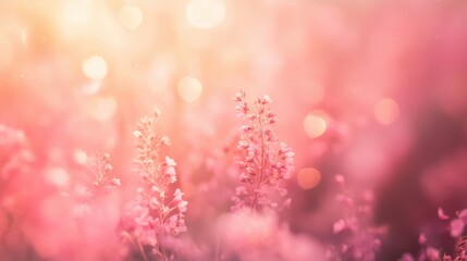 Poster - Pink Flowers in Soft Sunlight: A Dreamy Floral Meadow