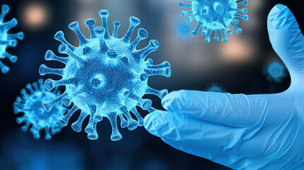 Leinwandbilder - Hand in glove holding blue virus model, representing scientific research and healthcare advancements in virology and immunology