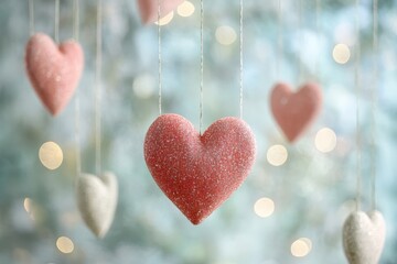 Wall Mural - Pink Glitter Hearts Hanging Decoration Against Soft Bokeh Background