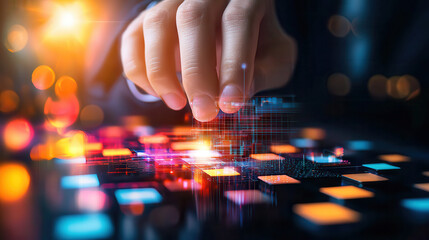 Fototapete - Transforming digital data with hand interacting with holographic technology, showcasing innovation and technology in modern setting