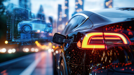 Poster - Autonomous electric vehicle charging infrastructure with futuristic design, showcasing sleek black car connected to charging station in vibrant cityscape