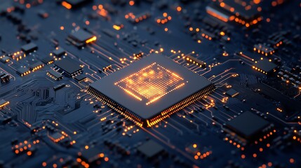 Wall Mural - round ai chip with circuit lines and glowing pixels on dark blue technology background, minimal inno