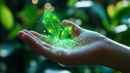 Aufkleber - hand holding glowing green leaves symbolizes growth and sustainability. vibrant energy reflects connection to nature and environmental consciousness