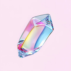 Bright reflective crystal, holographic diamond shape gem isolated on light pastel background