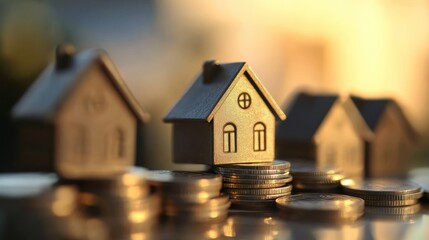 Wall Mural - Investing in Real Estate: Miniature Houses and Stacks of Coins Illustrate Property Investment