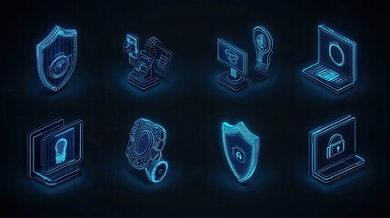 Aufkleber - Cybersecurity icons featuring holographic shields, devices, and locks. These digital symbols represent protection, technology, and security in modern digital landscape
