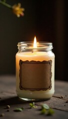 Wall Mural - Burning candle in glass jar, rustic label mockup, object, image, candle