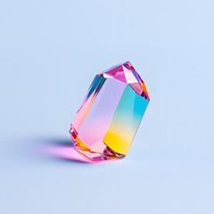 Bright reflective crystal, holographic diamond shape gem isolated on light pastel background