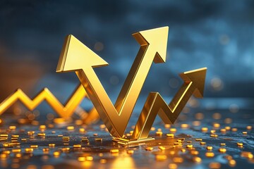 3D Gold Arrow Icon for Financial Growth and Profit Success on Amber Background