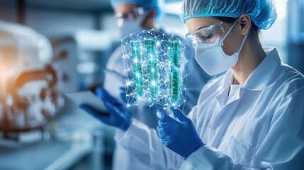 Fototapete - Innovative scientists in pharmaceutical lab analyze data with futuristic technology. Their focus on research and development showcases advancement in healthcare solutions