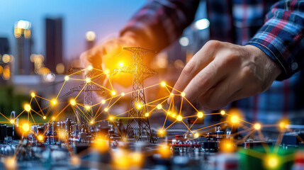 Aufkleber - Innovative energy management with power lines and technology connections. person interacts with digital network, symbolizing future of energy solutions
