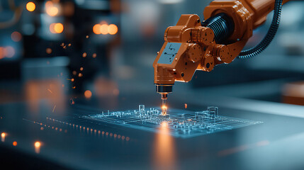 Poster - High tech robotic arm working on digital blueprint in modern engineering lab, showcasing advanced mechanical engineering and automation technology