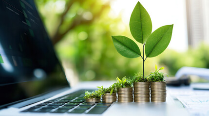 Fototapete - Growing plants on coins symbolize sustainable finance and investment