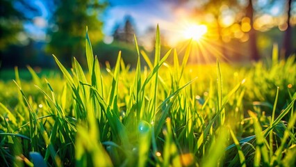 Canvas Print - Lush Green Lawn: Summer Backyard Serenity -  High-Resolution Stock Photo