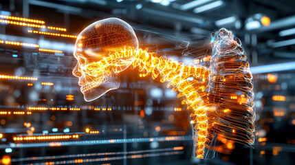 Aufkleber - Digital representation of human spine and skull with glowing elements, showcasing advanced technology in medical imaging and surgical planning