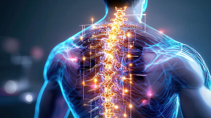Leinwandbilder - 3D visualization of human spine with glowing neural pathways, showcasing innovative healthcare diagnostics and technology in futuristic setting