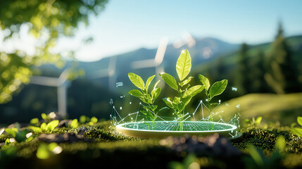 Poster - vibrant green plant emerging from ground, symbolizing growth and sustainability, with backdrop of wind turbines and mountains, showcasing harmonious relationship with nature