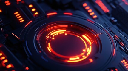 Futuristic digital interface featuring glowing circles and intricate circuit patterns. Ideal for concepts related to technology, innovation, and modern design.