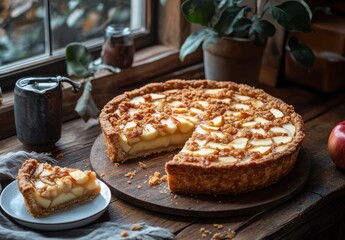 Wall Mural - Freshly Baked Apple Pie with Crumble Topping on Rustic Wooden Table Surrounded by Apples and Decor in Cozy Kitchen Setting