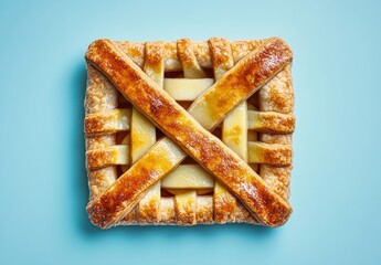 Wall Mural - Freshly Baked Apple Pie with Golden Crust and Lattice Top on a Light Blue Background Perfect for Culinary and Recipe Themes