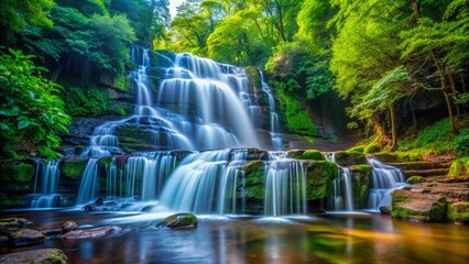 Wall Mural - Majestic Soco Falls Waterfall Cascading Down Rocky Cliffs, Abundant Copy Space