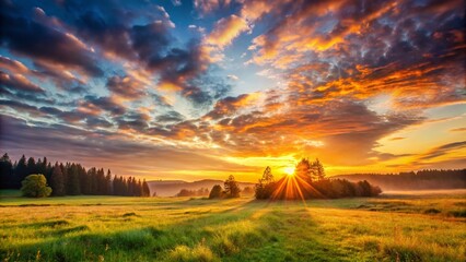 Wall Mural - Majestic Sunrise over Regnitzwiesen Meadows - Breathtaking Bavarian Landscape Photography