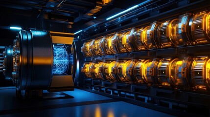 Futuristic energy generator illuminated by vibrant orange and blue lights, showcasing advanced technology and intricate design in a high-tech environment.