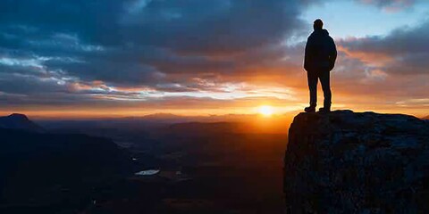 Canvas Print - Man silhouetted on clifftop, sunset vista, mountains.  Inspirational travel photo