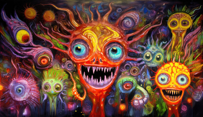  A surrealist nightmare unfolds in a vibrant, grotesque painting featuring bizarre creatures.